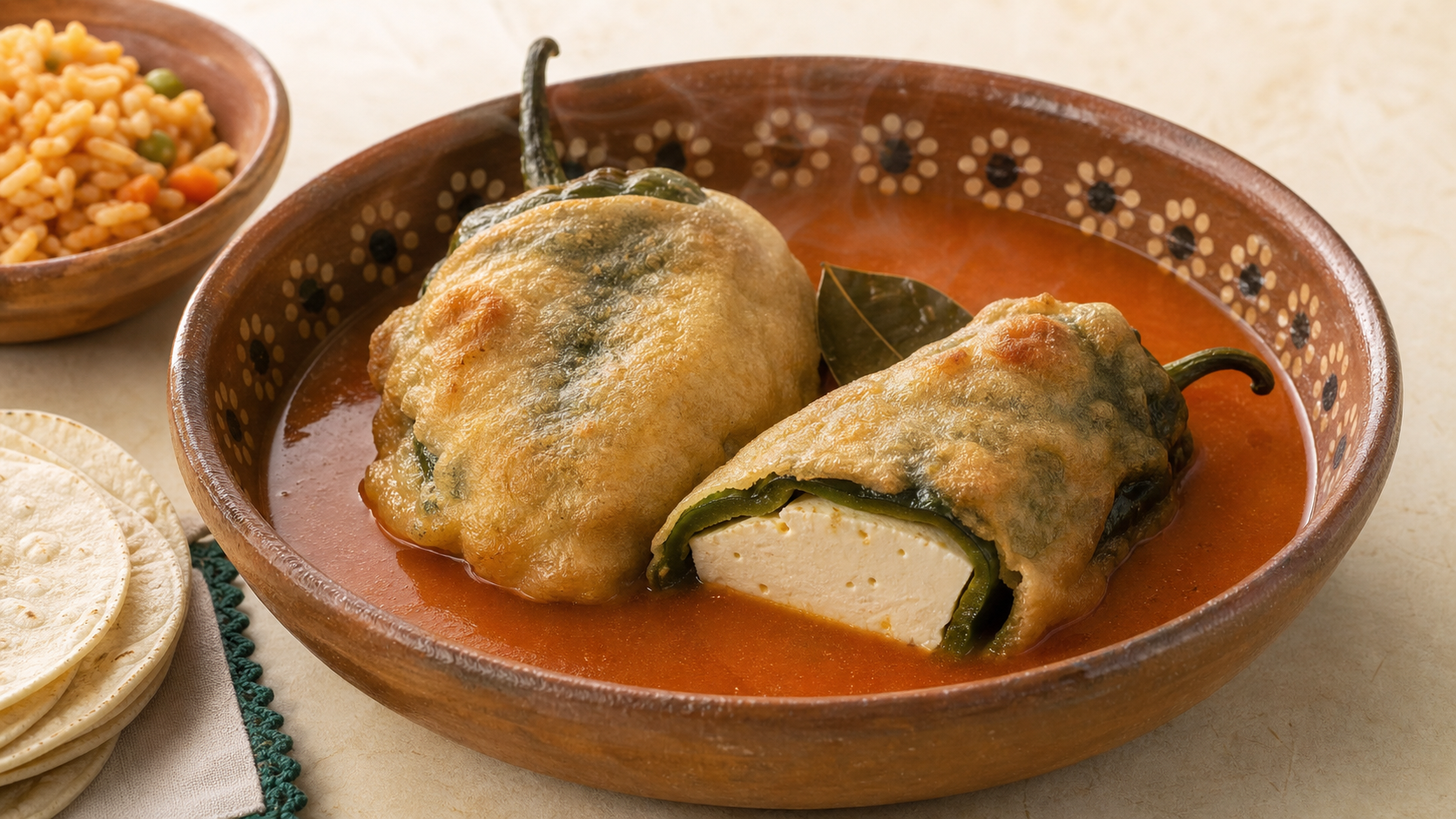 Chiles rellenos de queso panela en caldillo — Coahuila