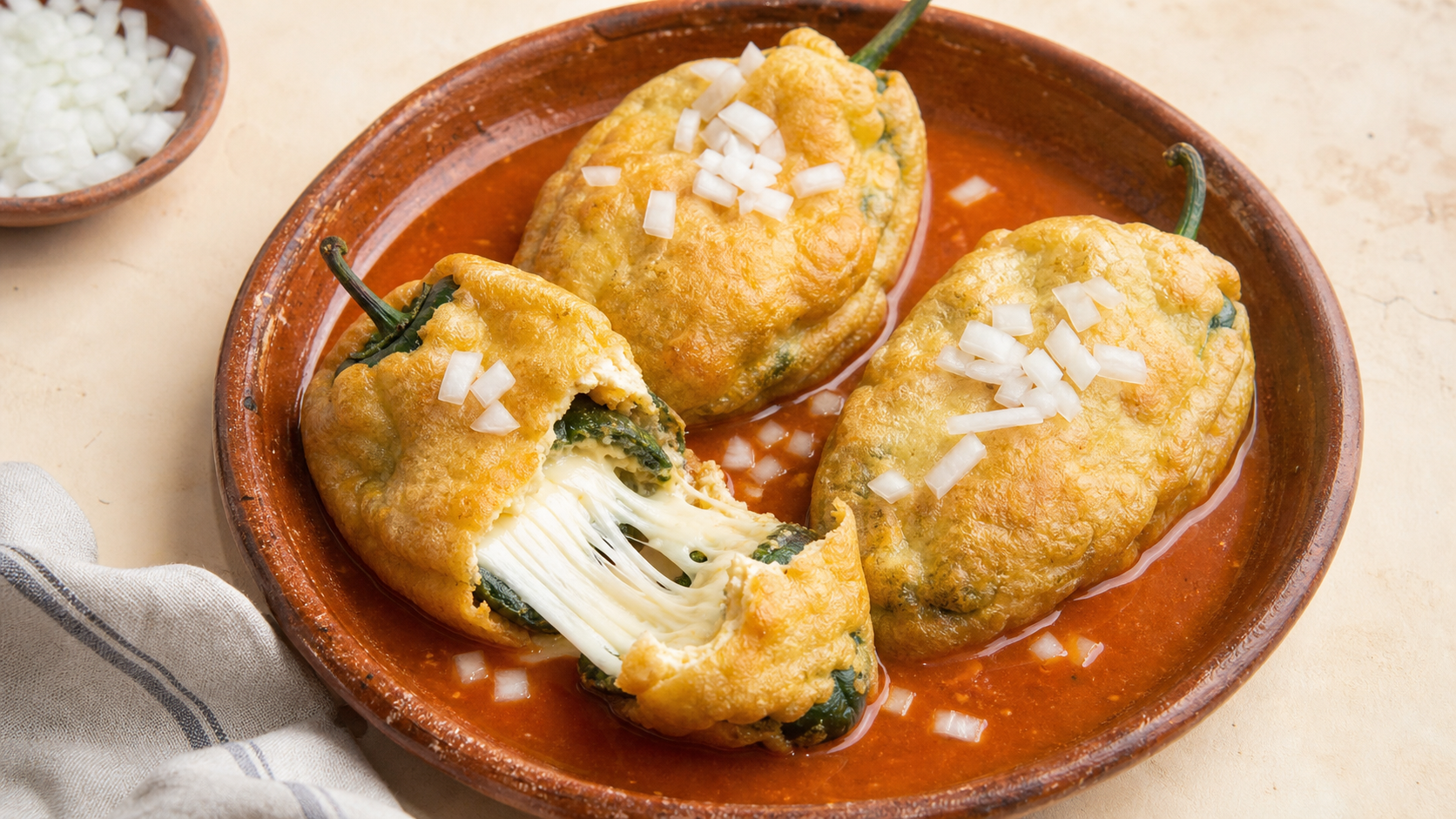 Chiles rellenos de queso capeados estilo Durango