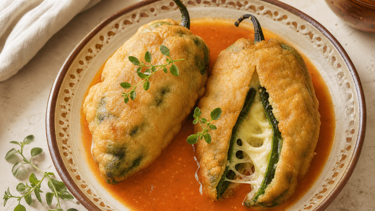 Chiles rellenos de queso Oaxaca capeados