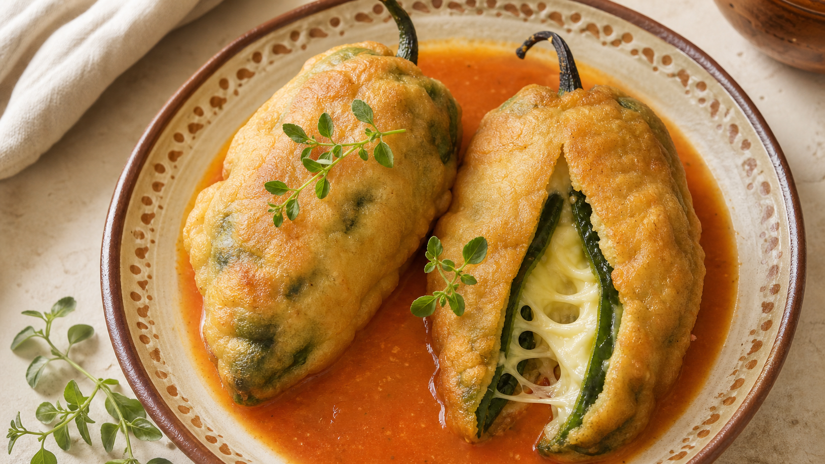 Chiles rellenos de queso Oaxaca capeados