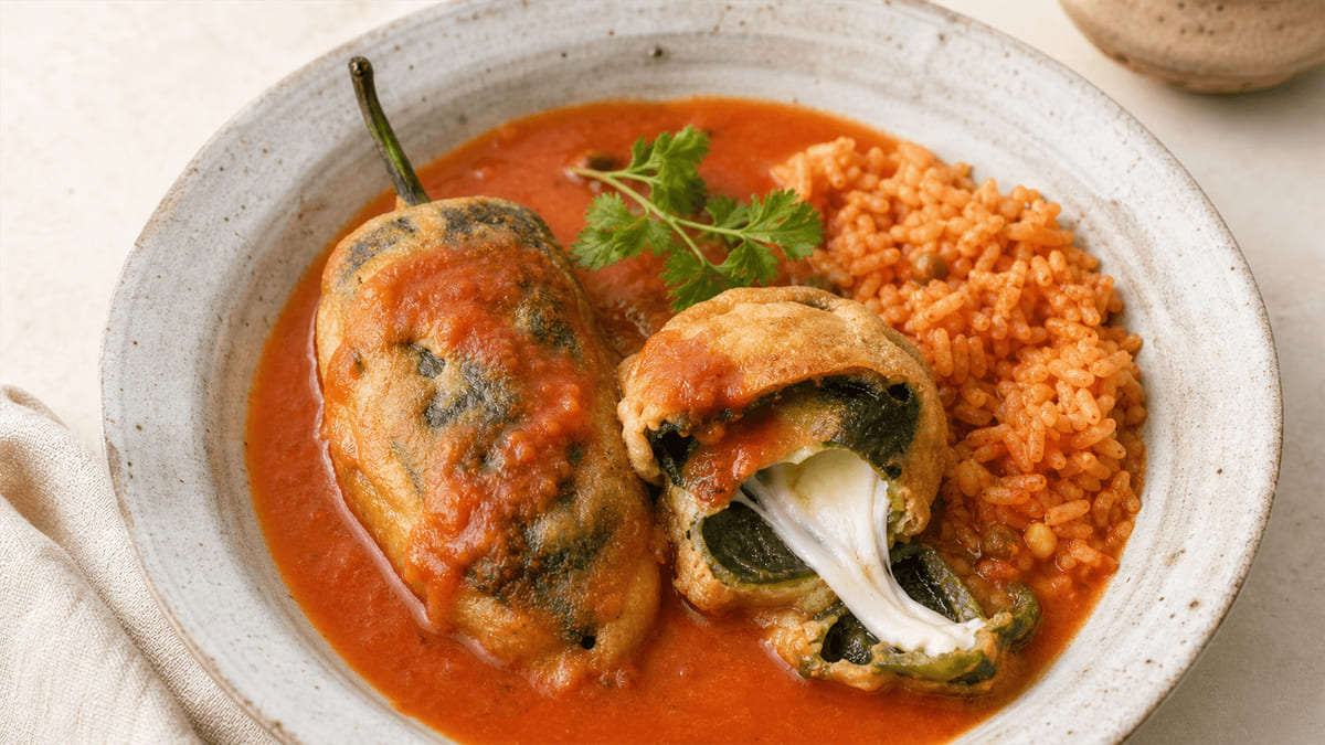 Chiles rellenos de queso poblano capeados en caldillo