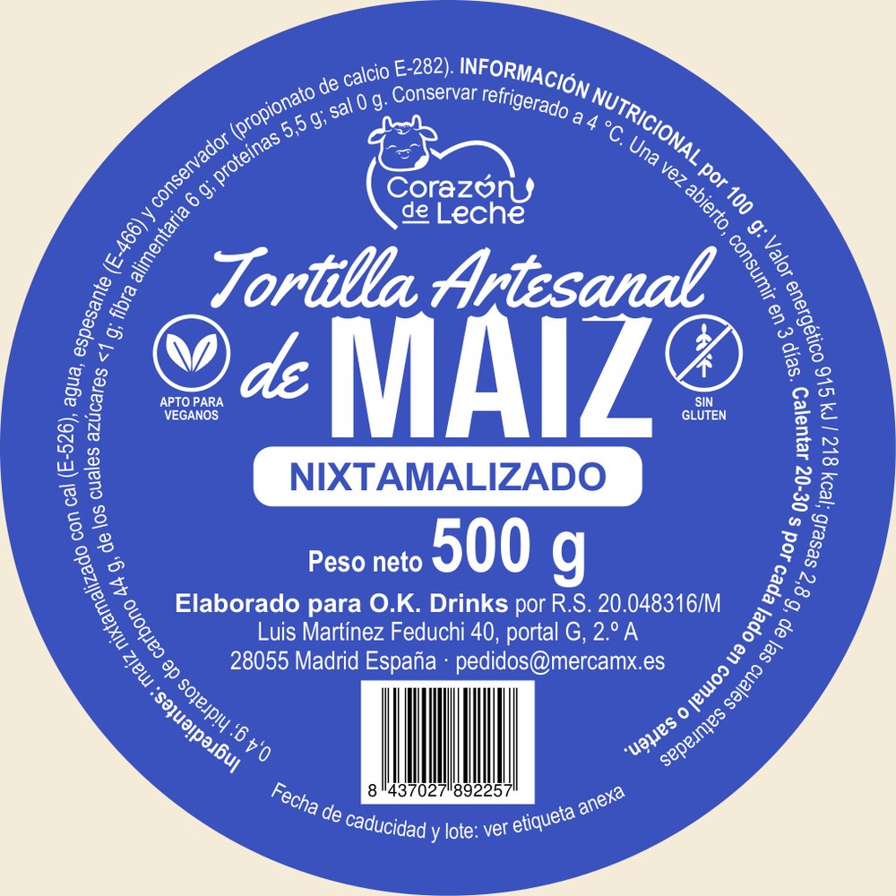 Etiqueta circular azul de las tortillas de maíz Corazón de Leche
