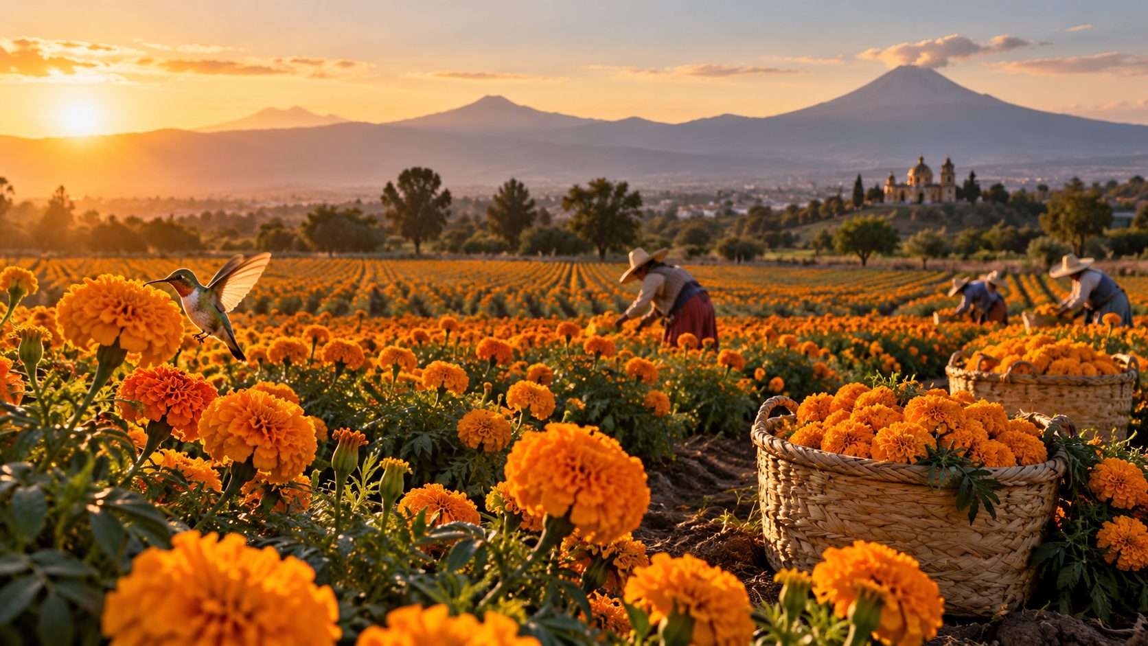 Campo de cempasúchil en flor al atardecer con un colibrí