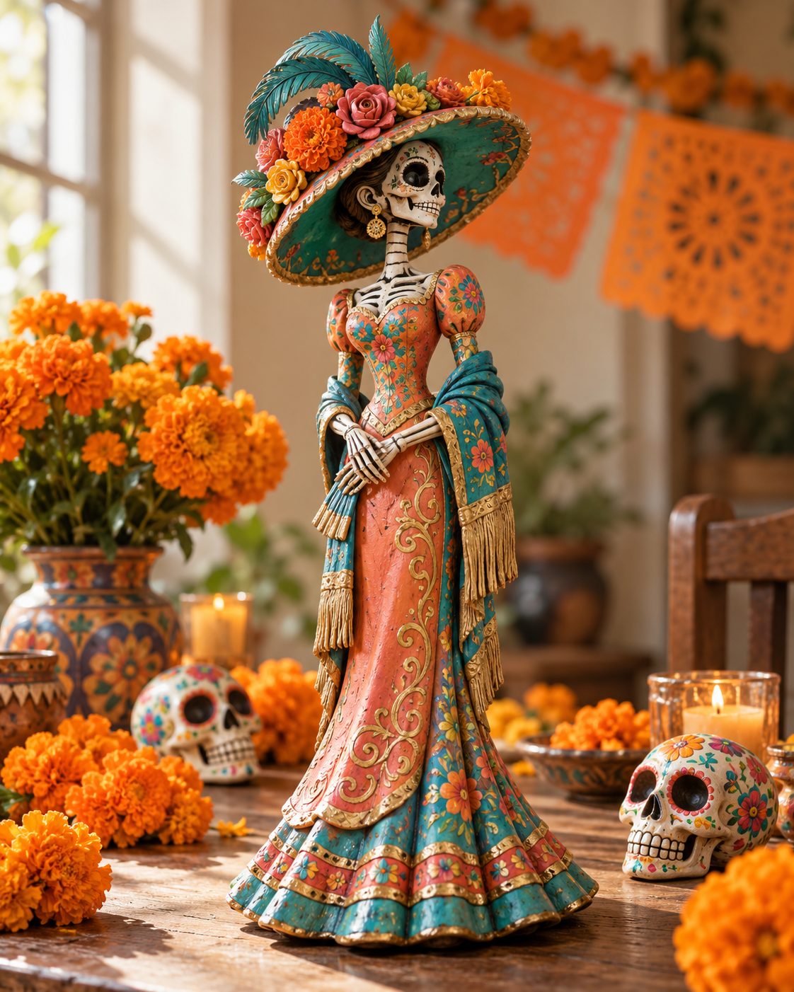 Figura de barro pintado de La Catrina entre flores de cempasúchil