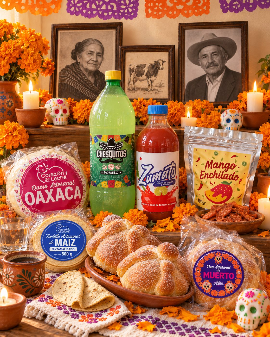 Ofrenda de Día de Muertos con cempasúchil, velas, pan de muerto y productos mexicanos de MercaMX