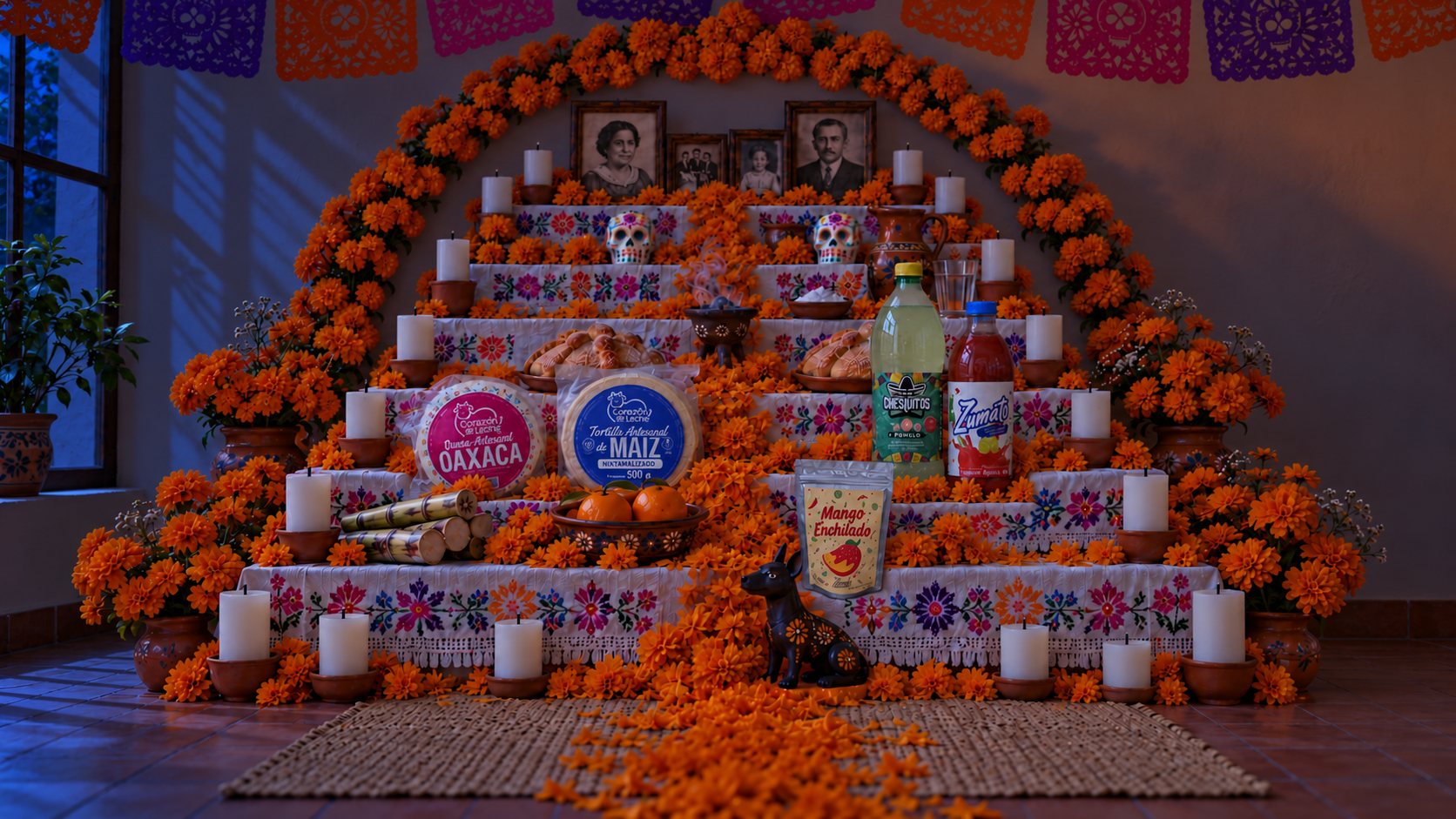 La misma ofrenda ya de noche, antes de prender las velas