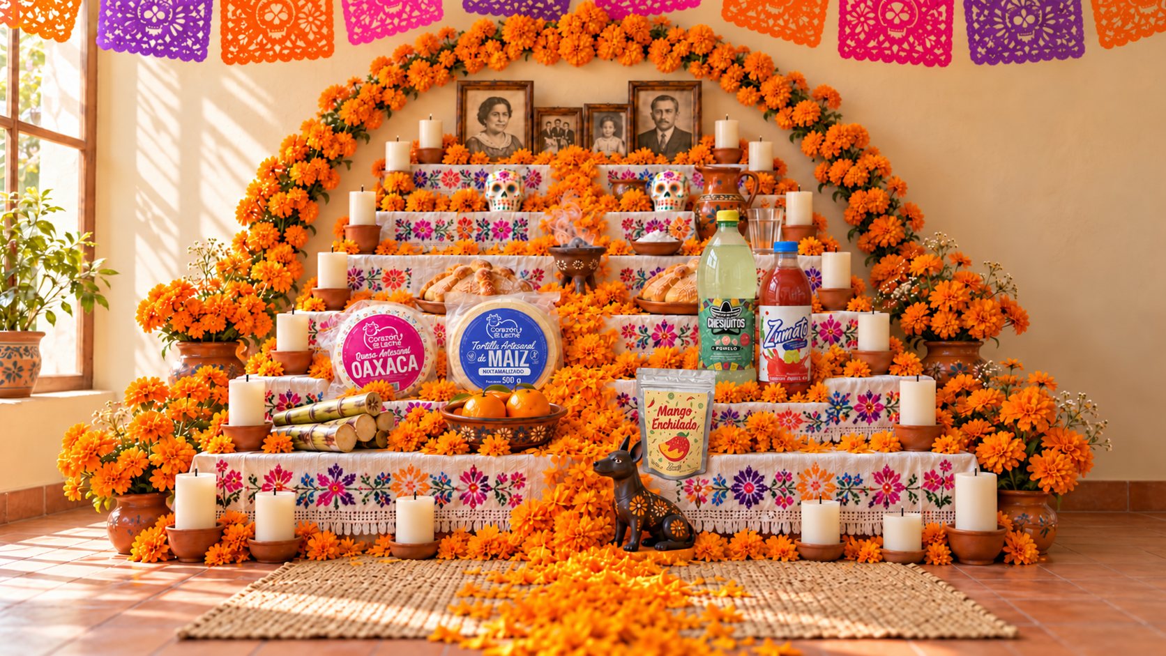 Ofrenda de siete niveles con cempasúchil, pan de muerto, queso Oaxaca, tortillas, Chesquitos y Zumato, por la tarde y con las velas apagadas