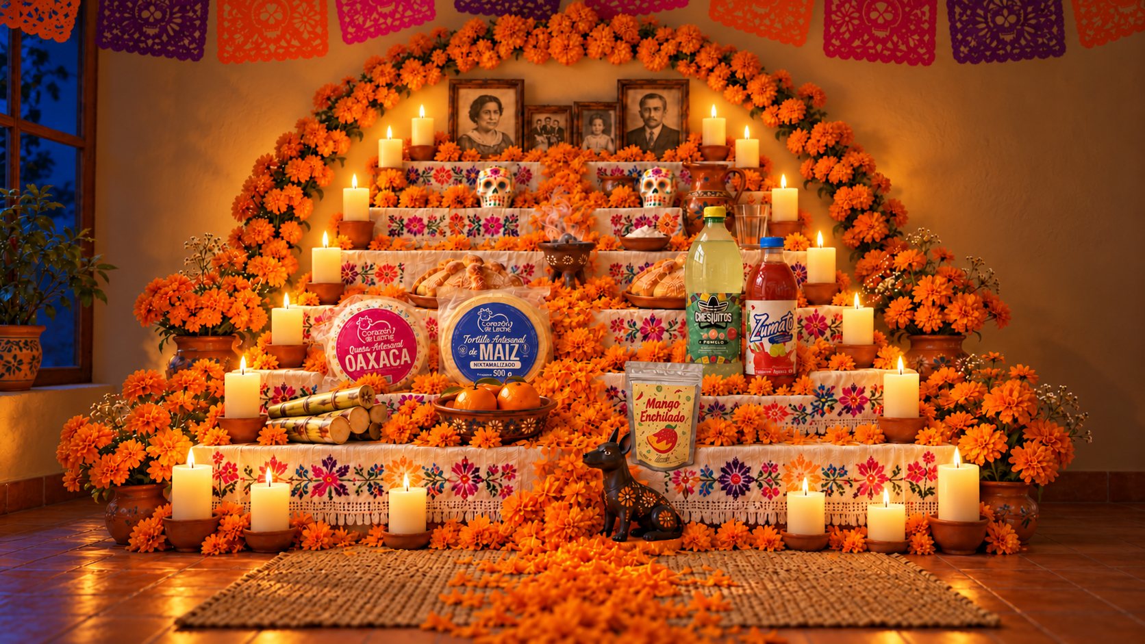 La ofrenda de noche con todas las velas encendidas