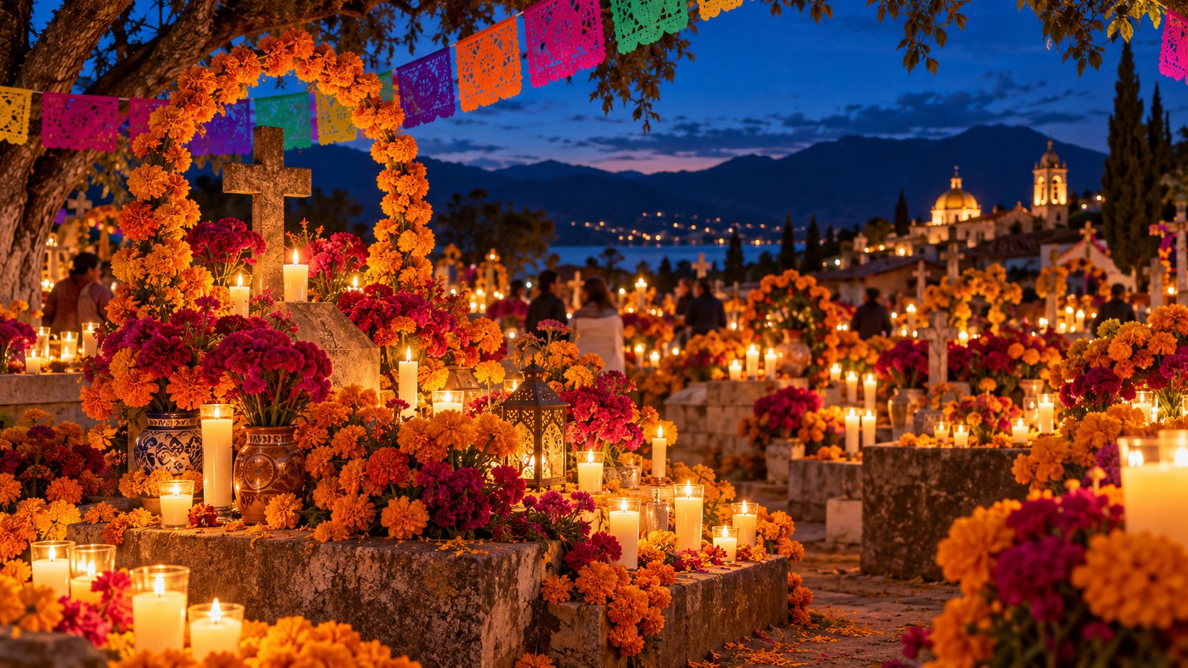 Panteón decorado con cempasúchil y cientos de velas encendidas al anochecer