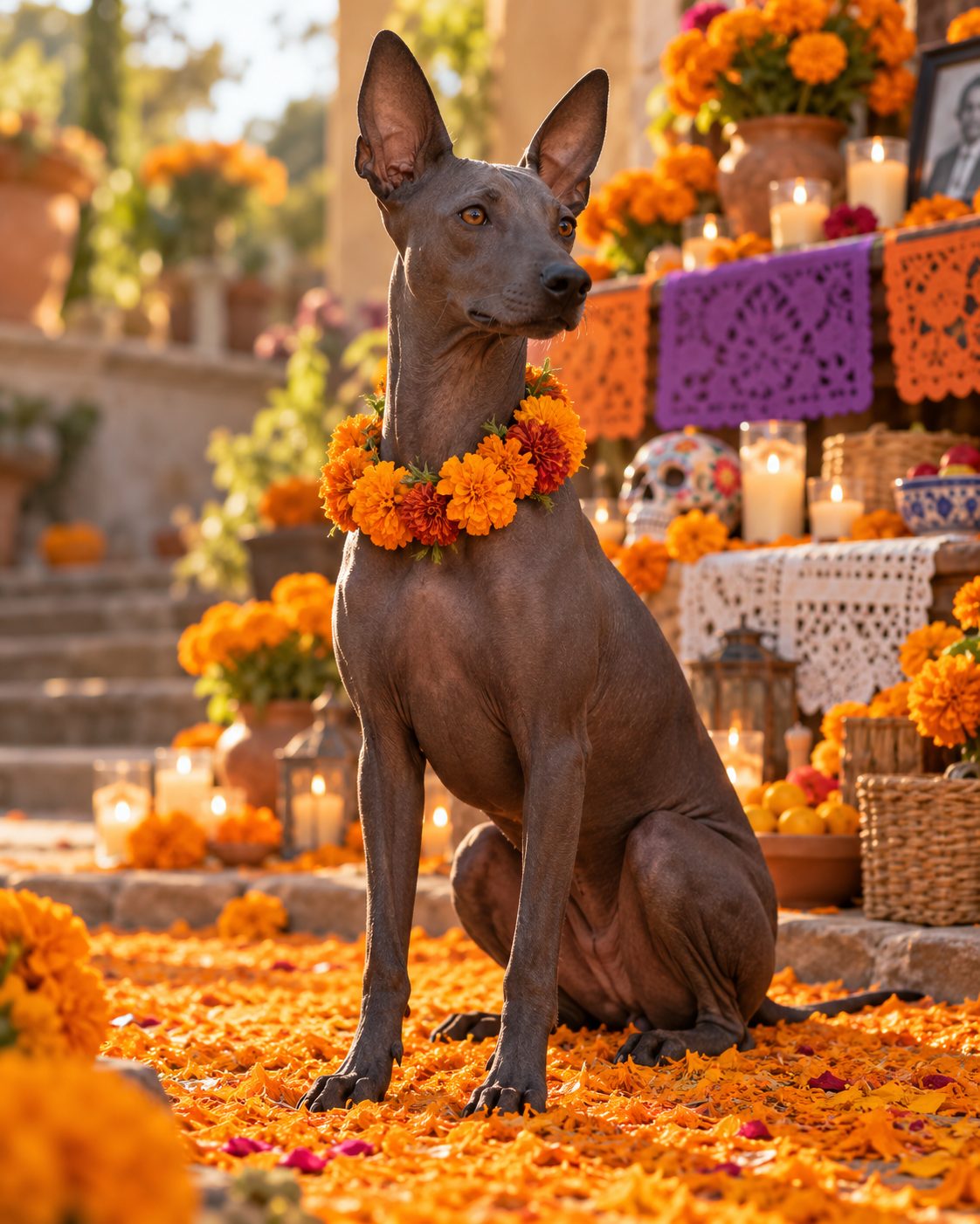 Xoloitzcuintle sentado sobre un camino de pétalos de cempasúchil