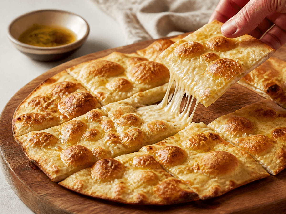 Pan horneado relleno de queso Oaxaca que estira al separarlo, como un khachapuri