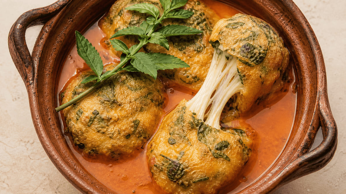 Huauzontles rellenos de queso Oaxaca capeados en caldillo, receta de Morelos