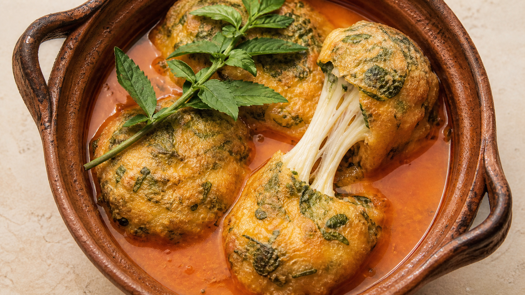 Huauzontles rellenos de queso Oaxaca capeados en caldillo