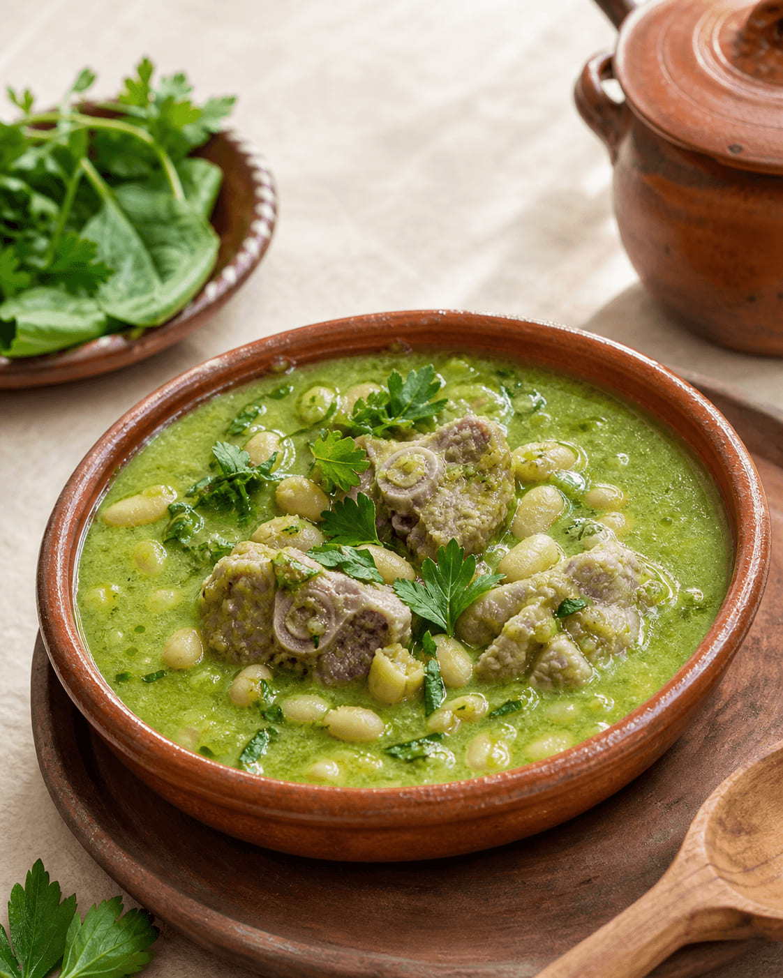 Mole verde oaxaqueño con espinazo y frijol blanco