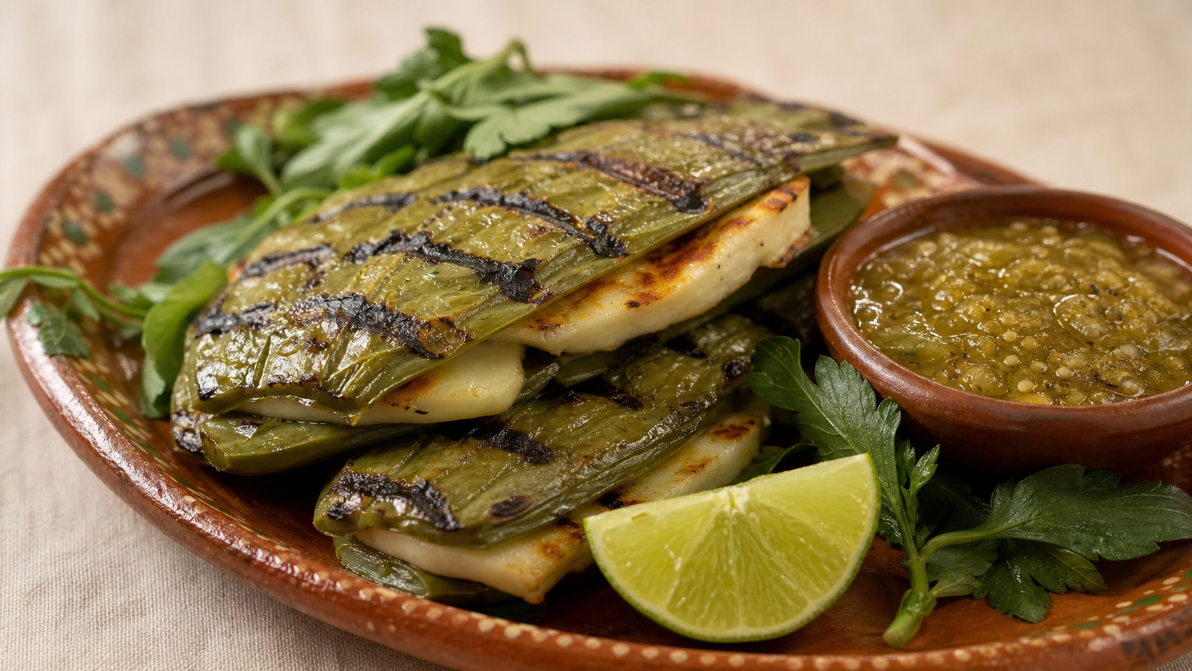Nopales rellenos de queso panela asados