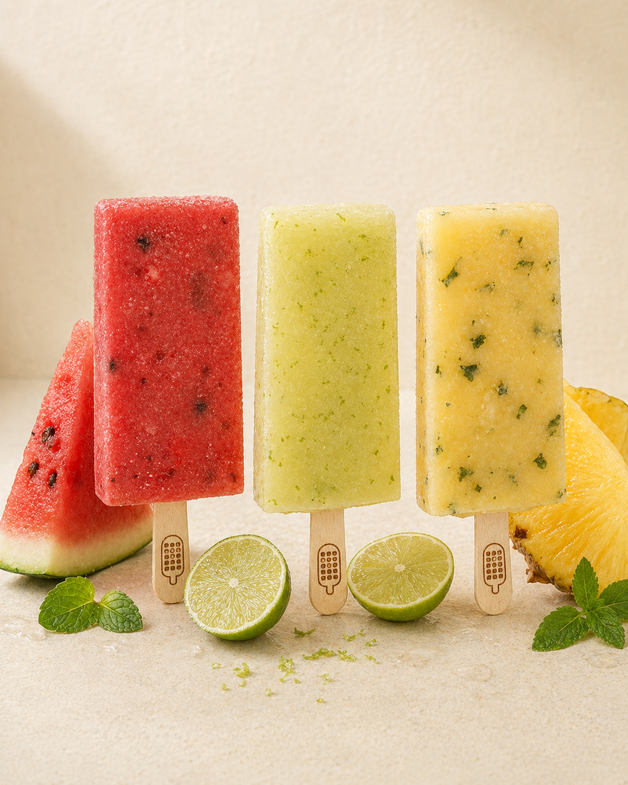Paletas de sandía, limón y piña con hierbabuena