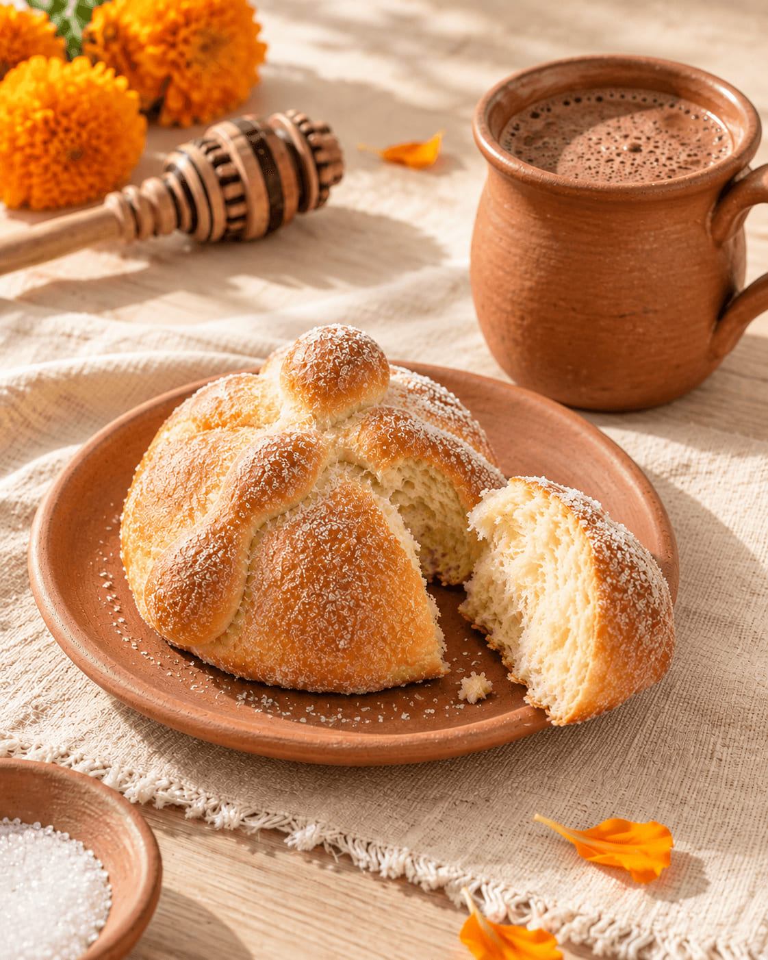 Pan de muerto partido junto a una taza de barro con chocolate caliente y un molinillo
