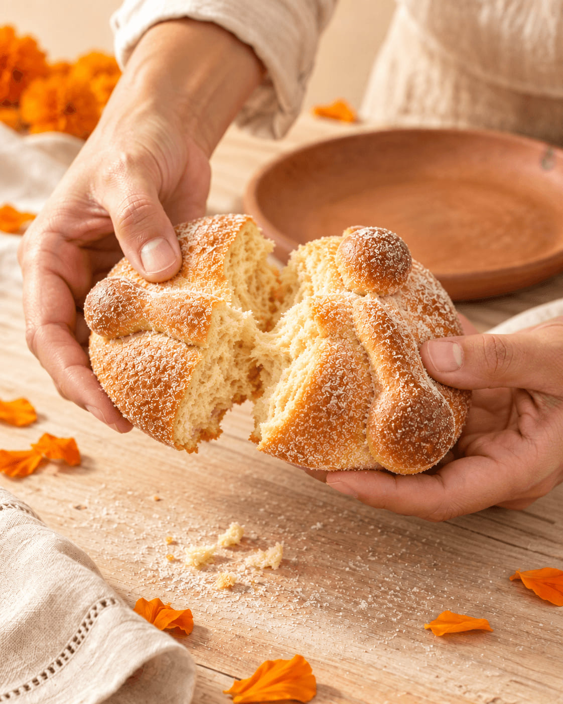 Dos manos partiendo un pan de muerto por la mitad sobre una mesa de madera