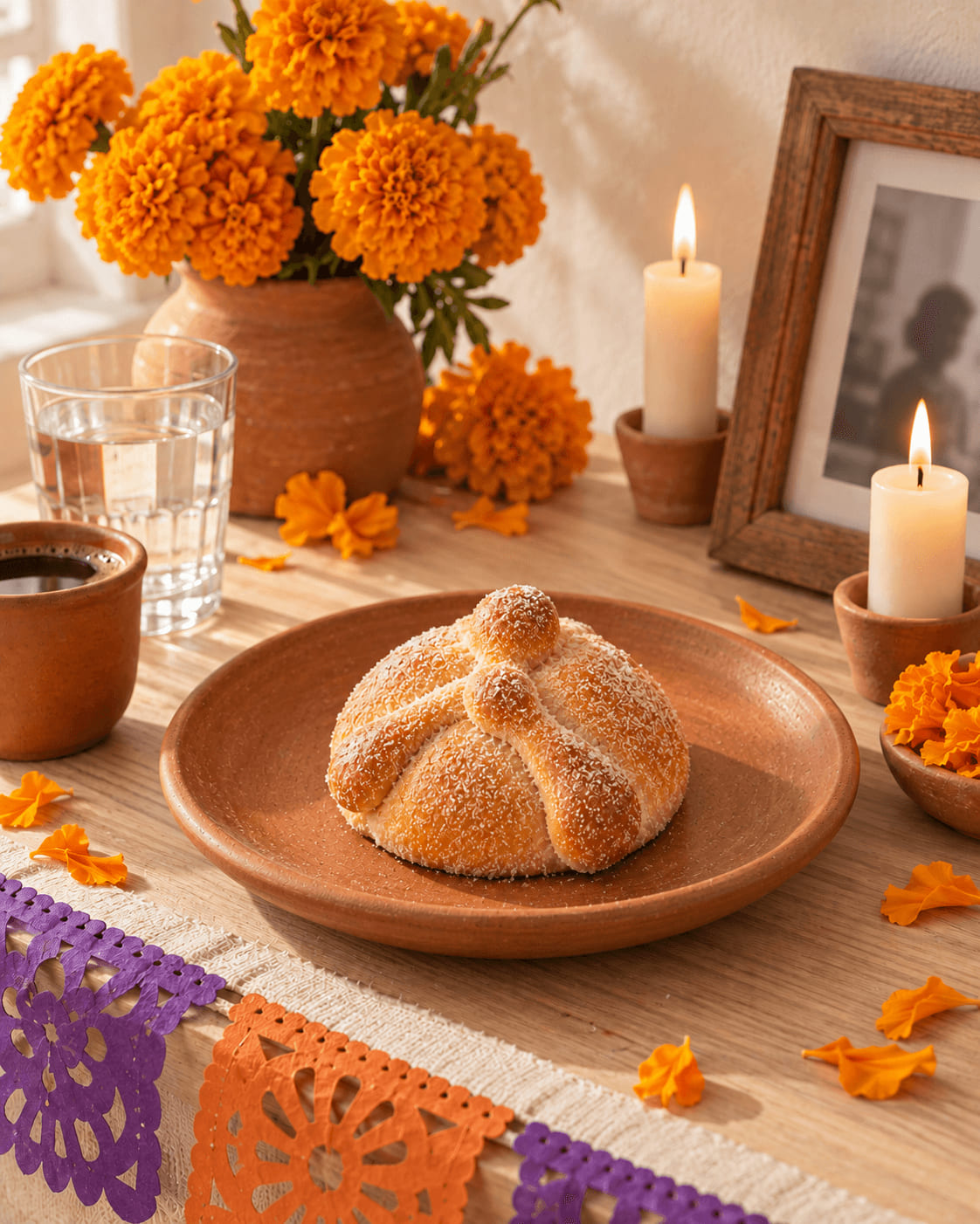 Pan de muerto en una ofrenda con cempasúchil, velas, un vaso de agua y un retrato