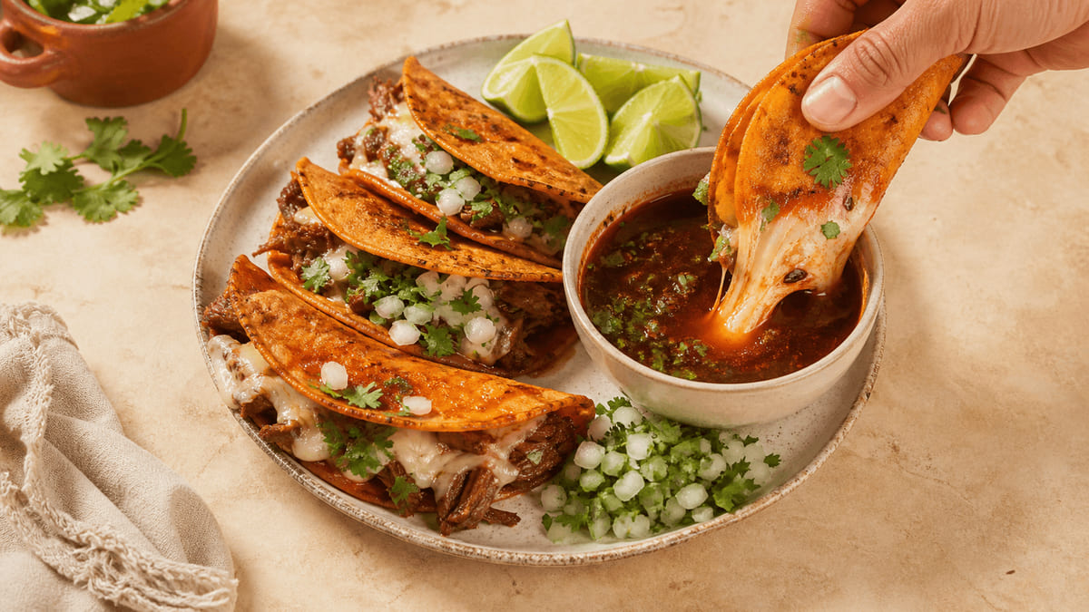 Quesabirria tapatía (tacos de birria con quesillo)