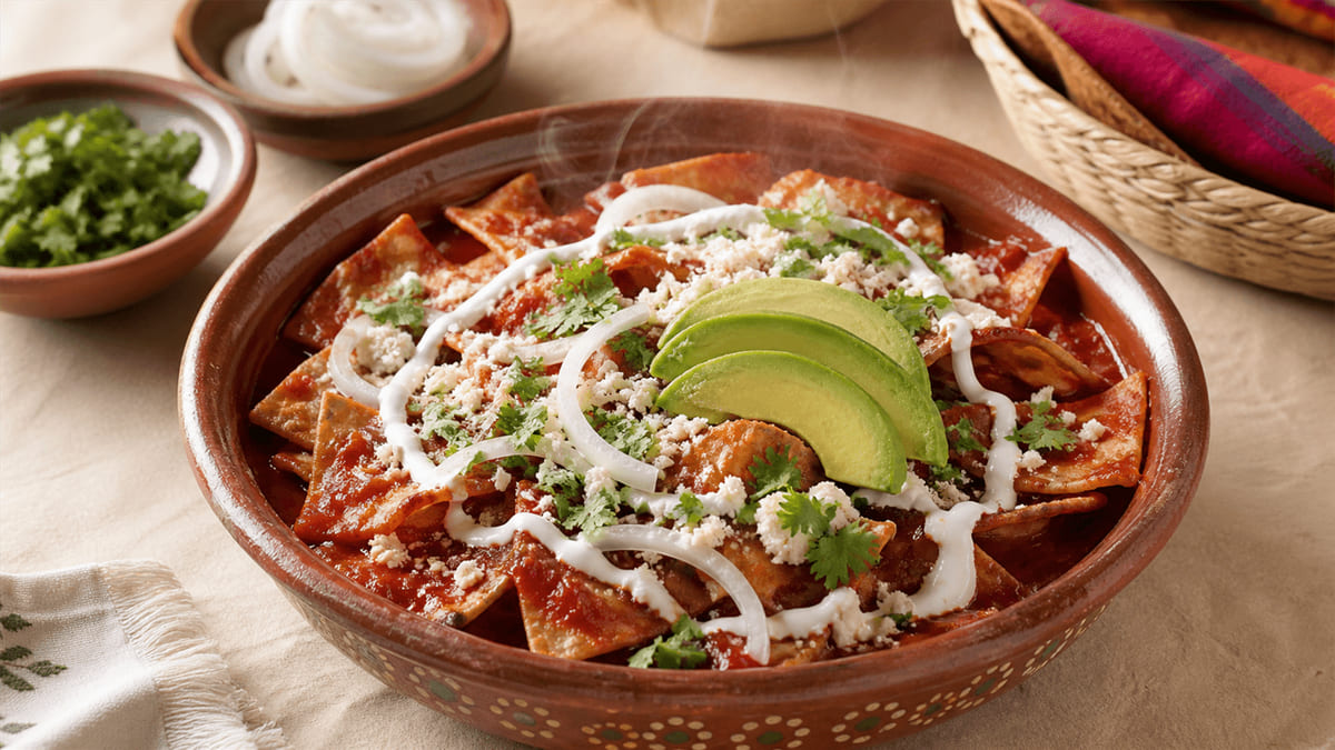 Chilaquiles rojos con queso, crema y cilantro