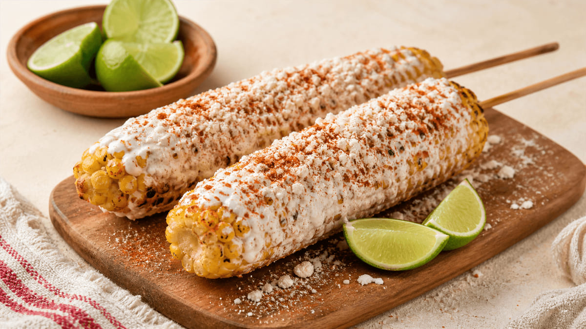 Elote callejero mexicano con cotija y chile