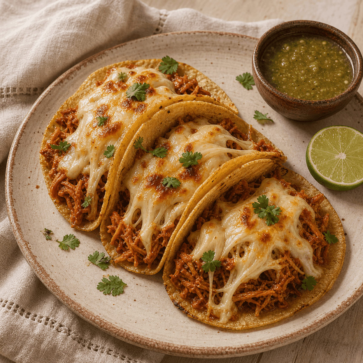Tacos con queso Oaxaca fundido en hebras
