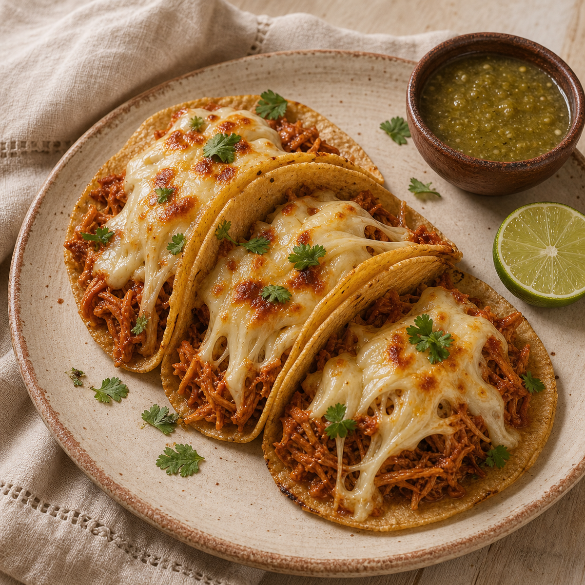 Tacos con queso Oaxaca fundido en hebras