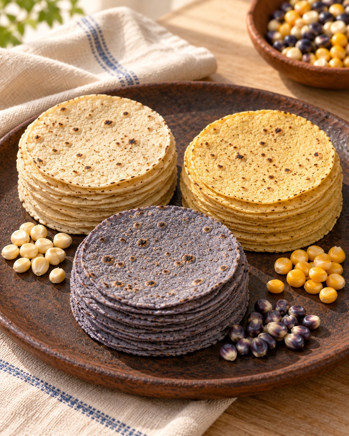 Tres pilas de tortillas de maíz blanco, amarillo y azul sobre un comal de barro