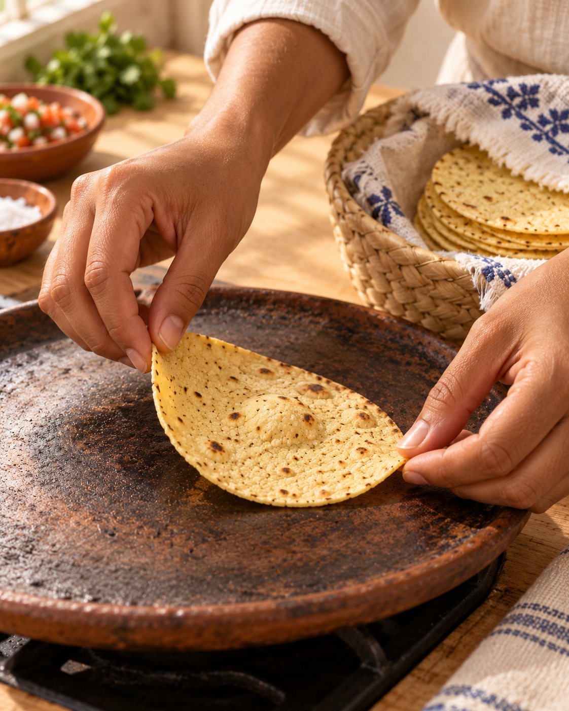 Manos volteando una tortilla de maíz en un comal de barro caliente