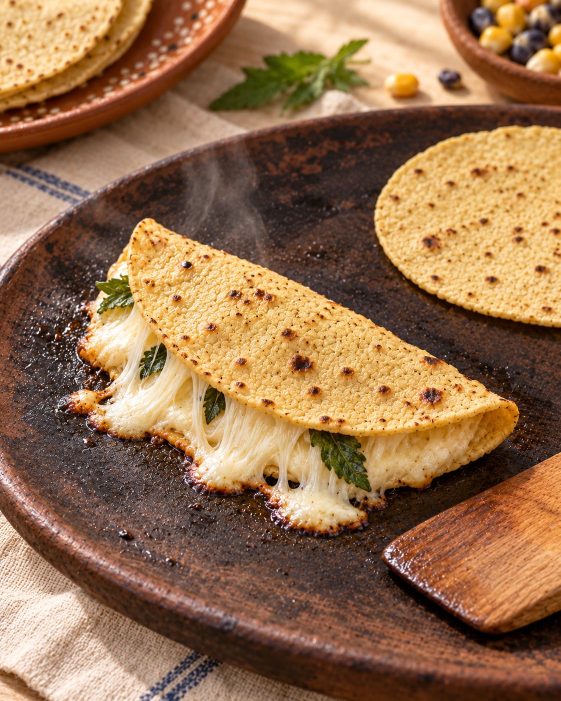 Quesadilla de queso Oaxaca derritiéndose en una tortilla de maíz sobre el comal