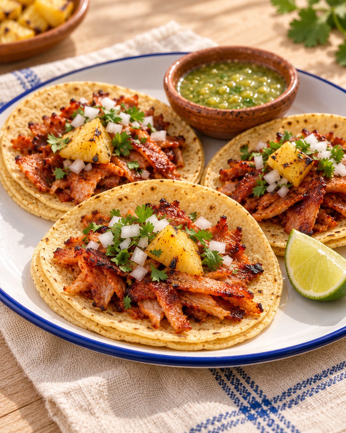 Tacos al pastor en tortilla de maíz doble con piña y cilantro