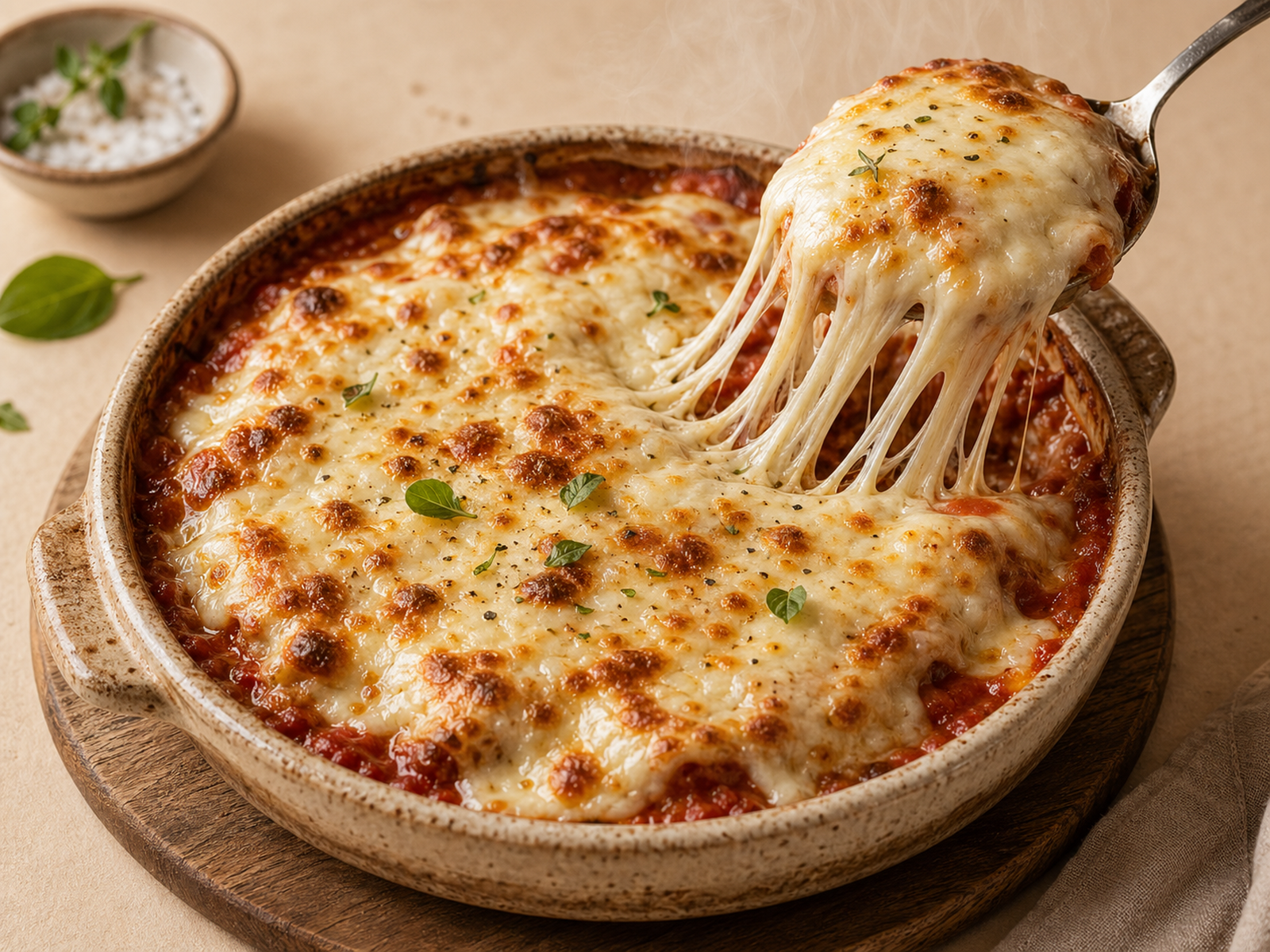 Gratinado con costra dorada de queso Oaxaca